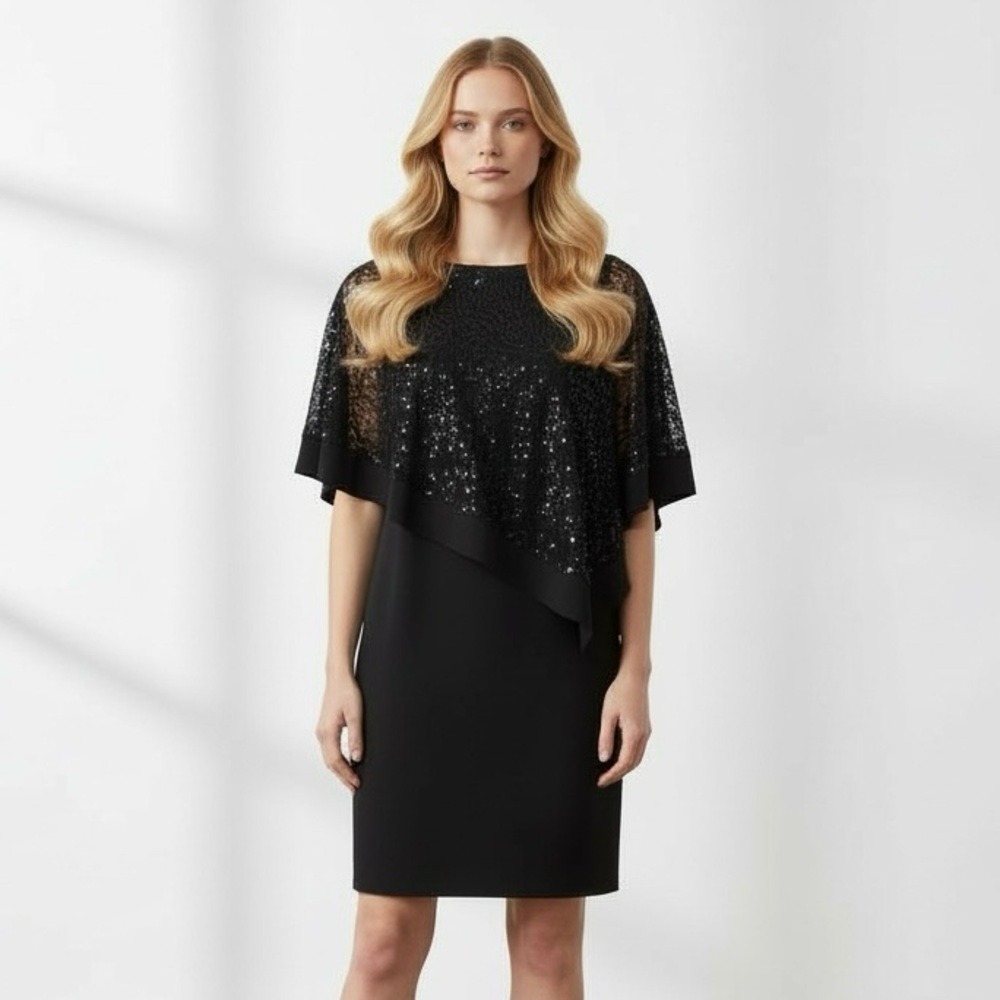 R & M Richards Petite Sleeveless Cape and Dress Combo Sequins Midi Sheath Dress